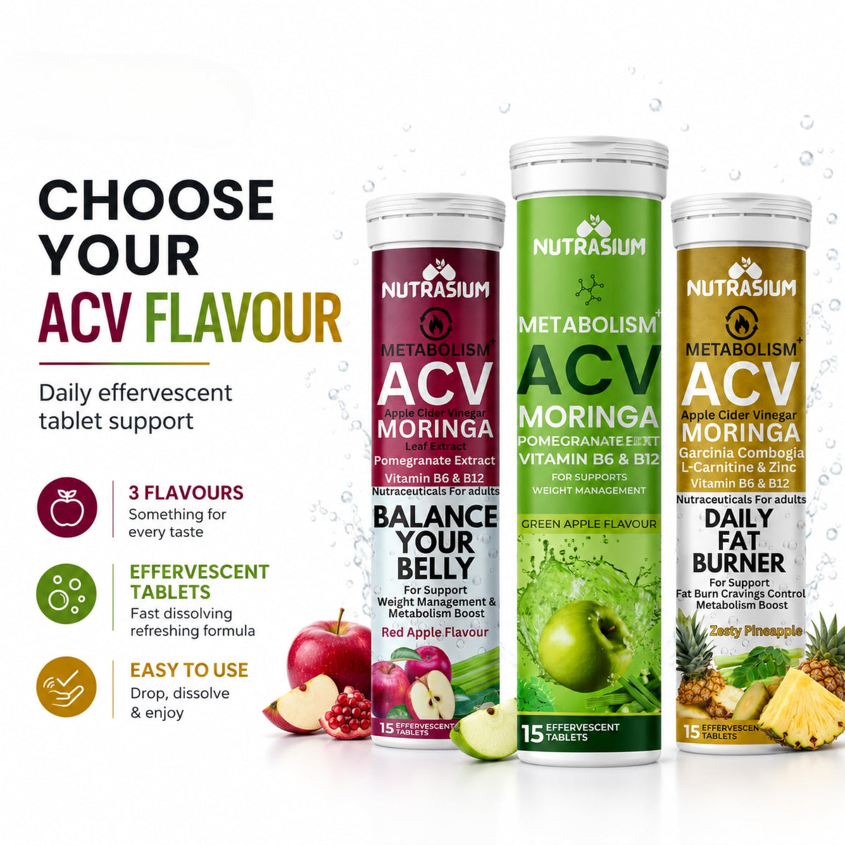 Nutrasium ACV Moringa Metabolism Plus | Apple Cider Vinegar Effervescent Tablet | For Supports Weight Loss, Control Cravings, Convert Fat Into Energy, Boost Energy & Immunity | 90 Tablets Mix Fruit