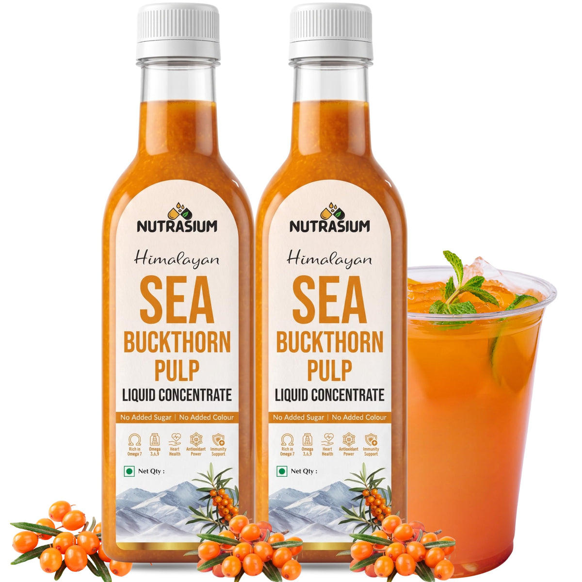 Nutrasium Sea Buckthorn Pulp Concentrate 1000 ml | Cold Pressed Himalayan Sea Buckthorn Berry Liquid Concentrate | Natural Source of Vitamin C & Omega 3, 6, 7 & 9 | Pack Of 2