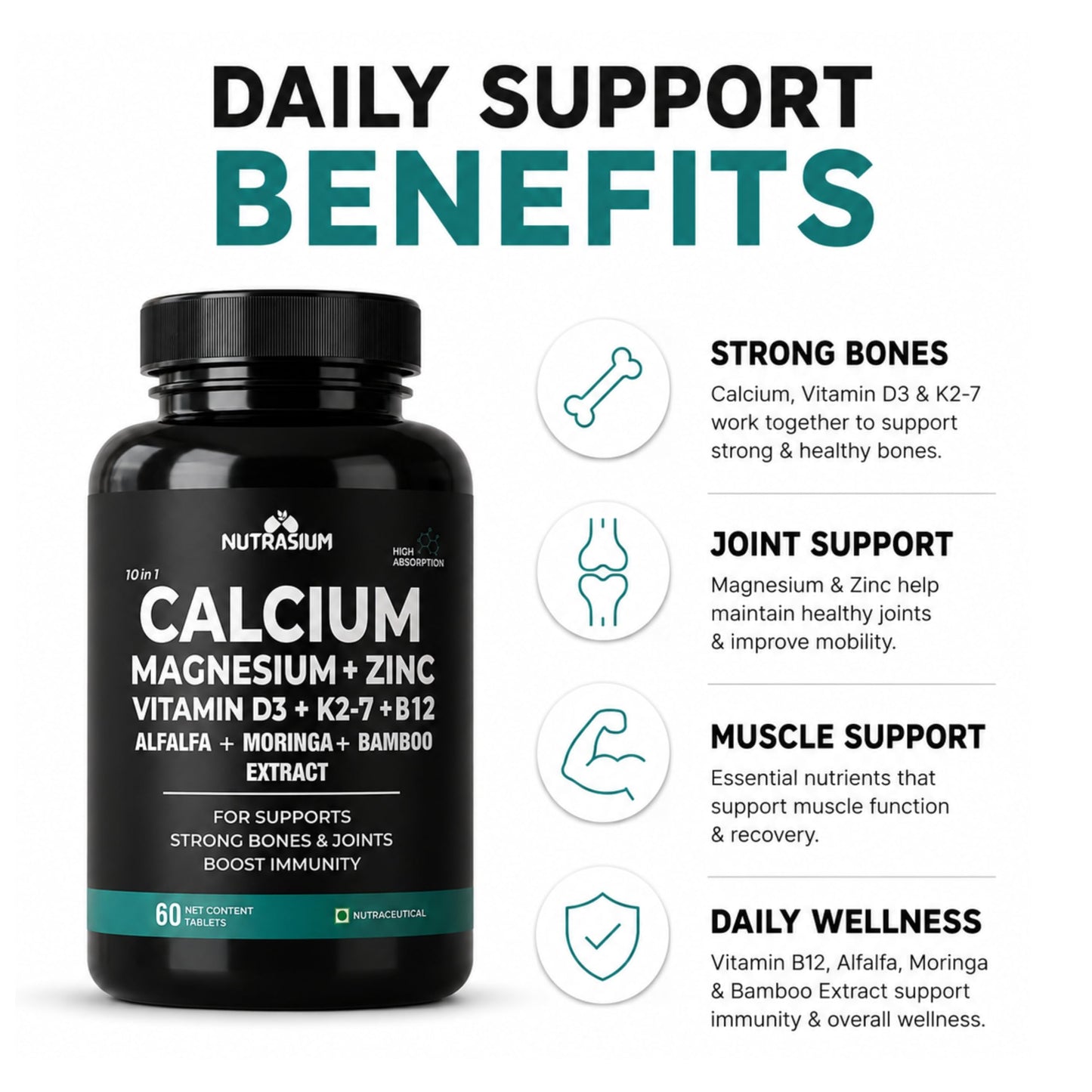 Nutrasium Calcium Magnesium Zinc Tablets with Vitamin D3, Vitamin K2-7 & Vitamin B12 | Alfalfa, Moringa & Bamboo Extract | High Absorption Daily Mineral & Vitamin Supplement | 120 Tablets