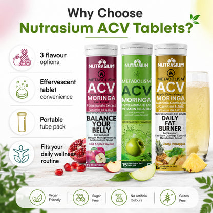 Nutrasium ACV Moringa Metabolism Plus | Apple Cider Vinegar Effervescent Tablet | For Supports Weight Loss, Control Cravings, Convert Fat Into Energy, Boost Energy & Immunity | 90 Tablets Mix Fruit