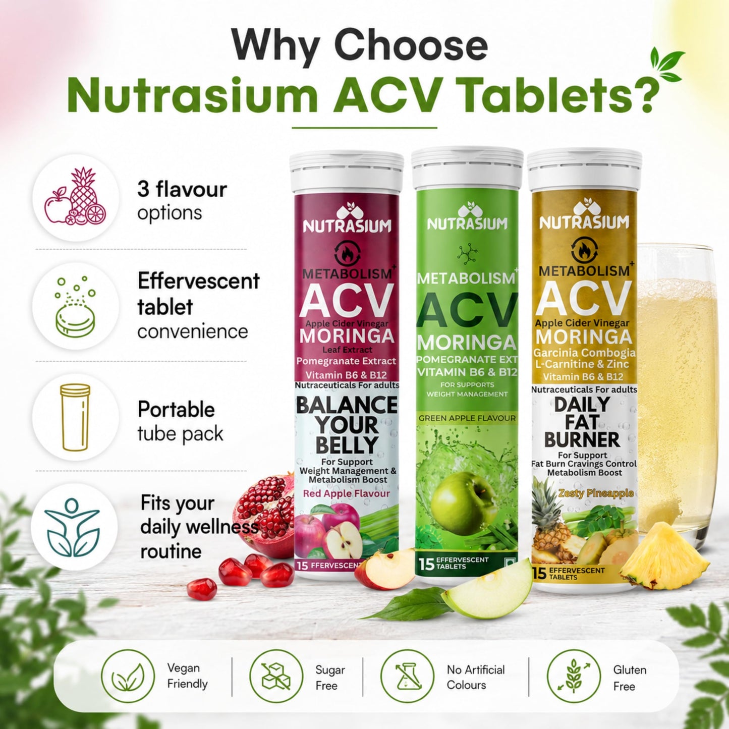 Nutrasium ACV Moringa Metabolism Plus | Apple Cider Vinegar Effervescent Tablet | For Supports Weight Loss, Control Cravings, Convert Fat Into Energy, Boost Energy & Immunity | 45 Tablets Mix Fruit