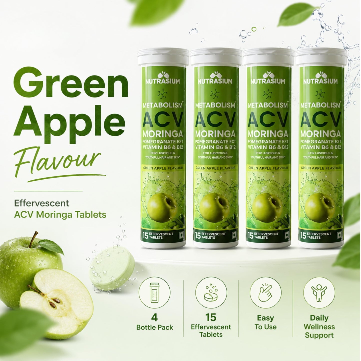 Nutrasium ACV Moringa Metabolism Plus | Apple Cider Vinegar Effervescent Tablet | For Supports Weight Loss, Control Cravings, Convert Fat Into Energy, Boost Energy & Immunity | 60 Tablets Green apple