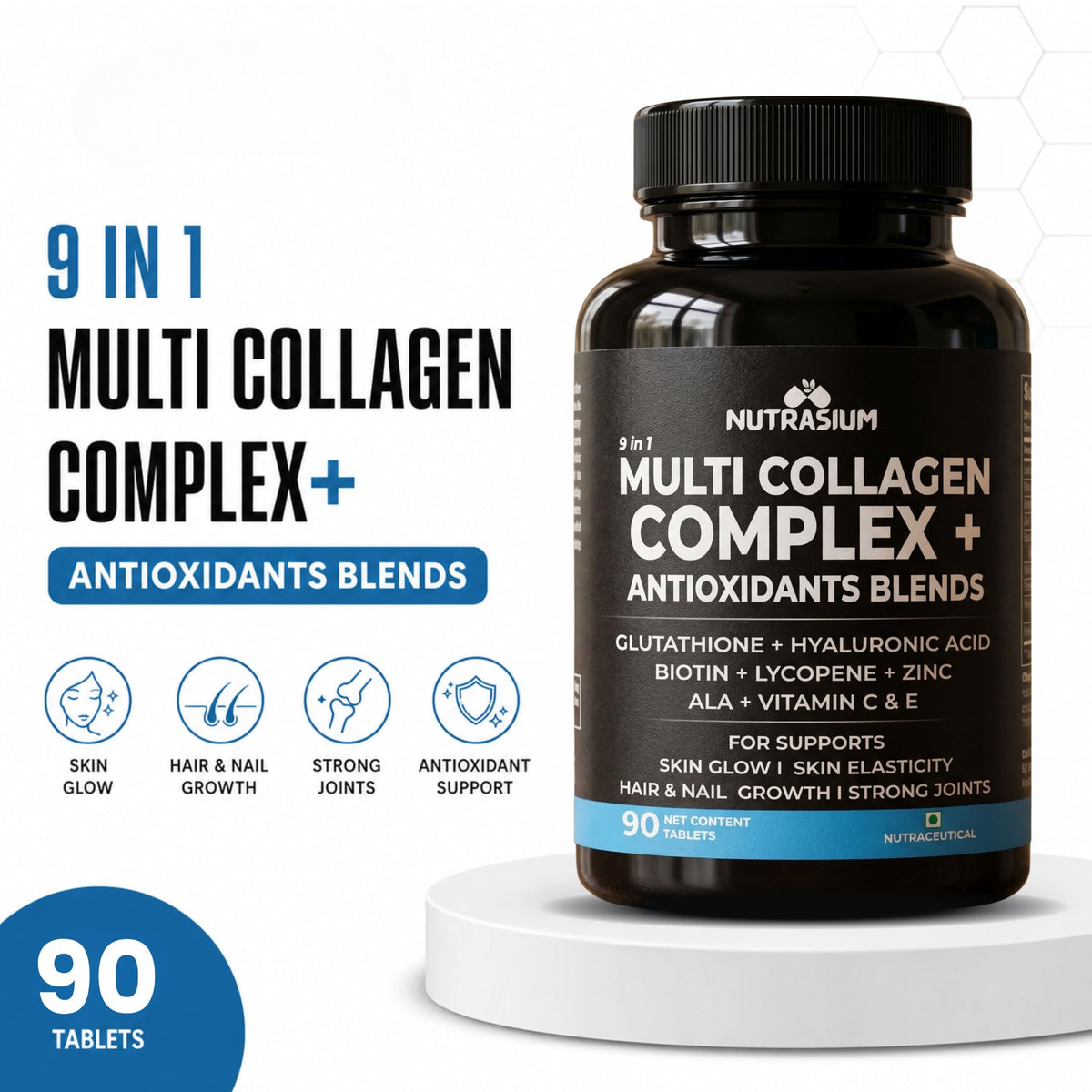 Nutrasium Multi Collagen | Glutathione | Hyaluronic Acid | Skin Radiance | 90 Tabs