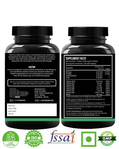 Nutrasium Vitamin B12 with B-Complex Tablets - 100% RDA for B Vitamins with B1, B2, B3, B5, B6, B9 & Vitamin B12 | Vitamin B Complex Supplements for Women & Men - 120 Vegetarian Tablets
