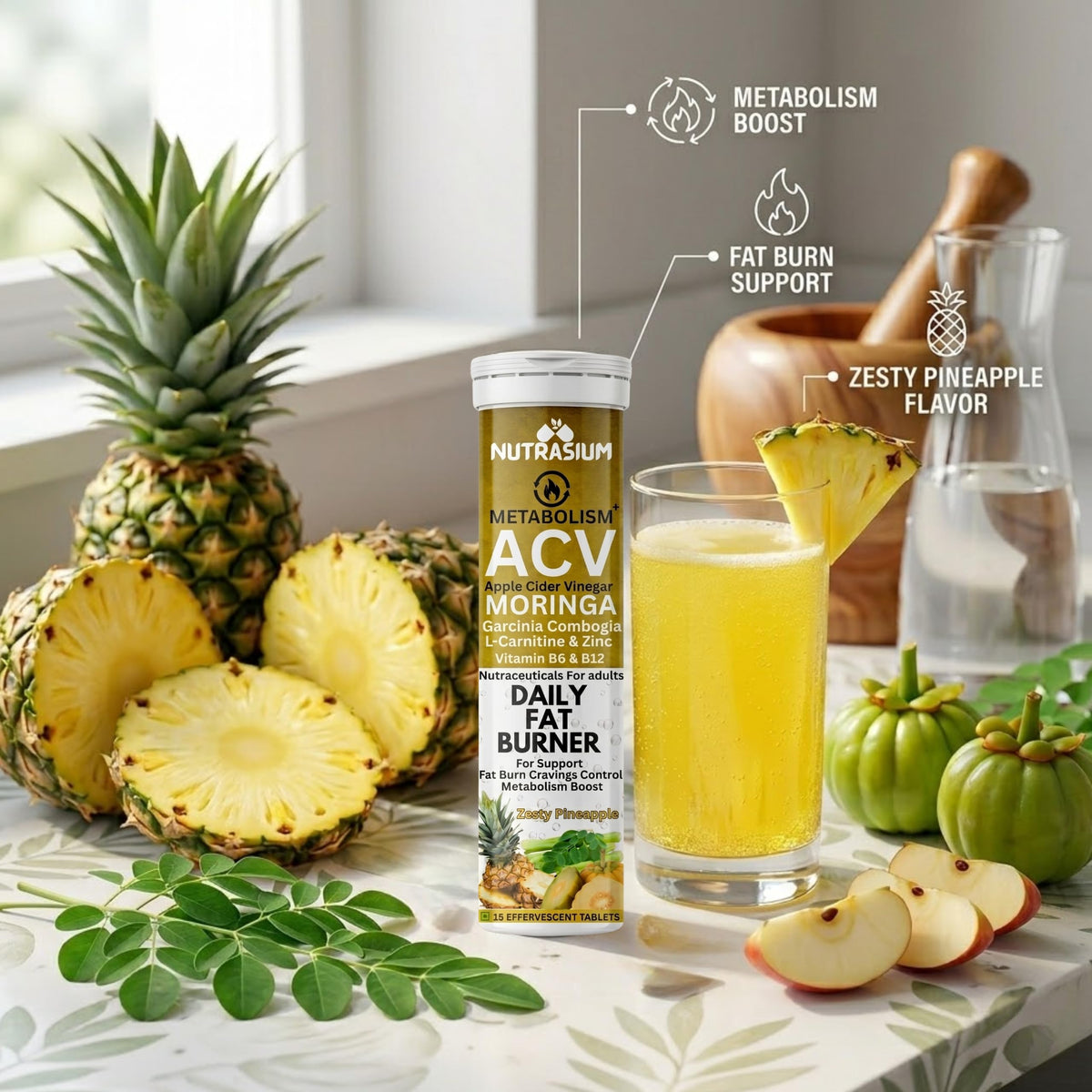 Nutrasium ACV Moringa Metabolism Plus | Apple Cider Vinegar Effervescent Tablet | For Supports Weight Loss, Control Cravings, Convert Fat Into Energy, Boost Energy & Immunity | 15 Tablets Pineapple