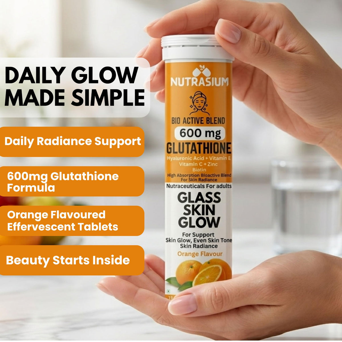 Nutrasium | 600 mg L-Glutathione tablets for Radiant Skin & Even Skin Tone | Glutathione Tablets For Skin Glow & Antipigmentation | 60 Effervescent Tablets, Orange Flavour