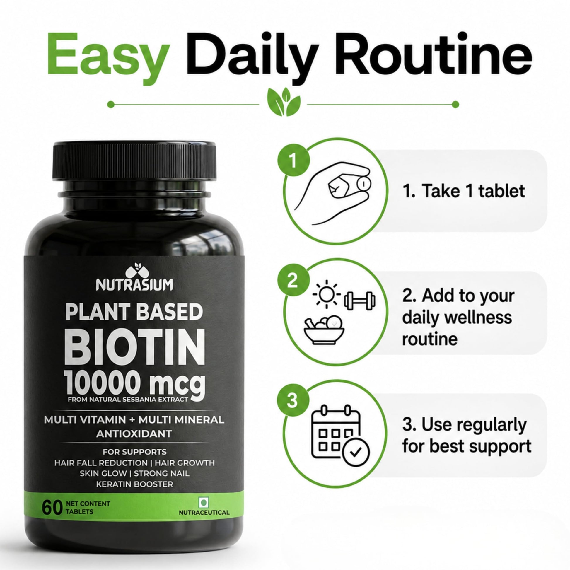 Nutrasium Plant Based Biotin, Collagen Booster, Keratin Builder with Amino Acid and Minerals | For Hair, Skin & Nail Radiance | Hair Vitamin (Biotin Collagen Booster Blend- 60 Tablets)