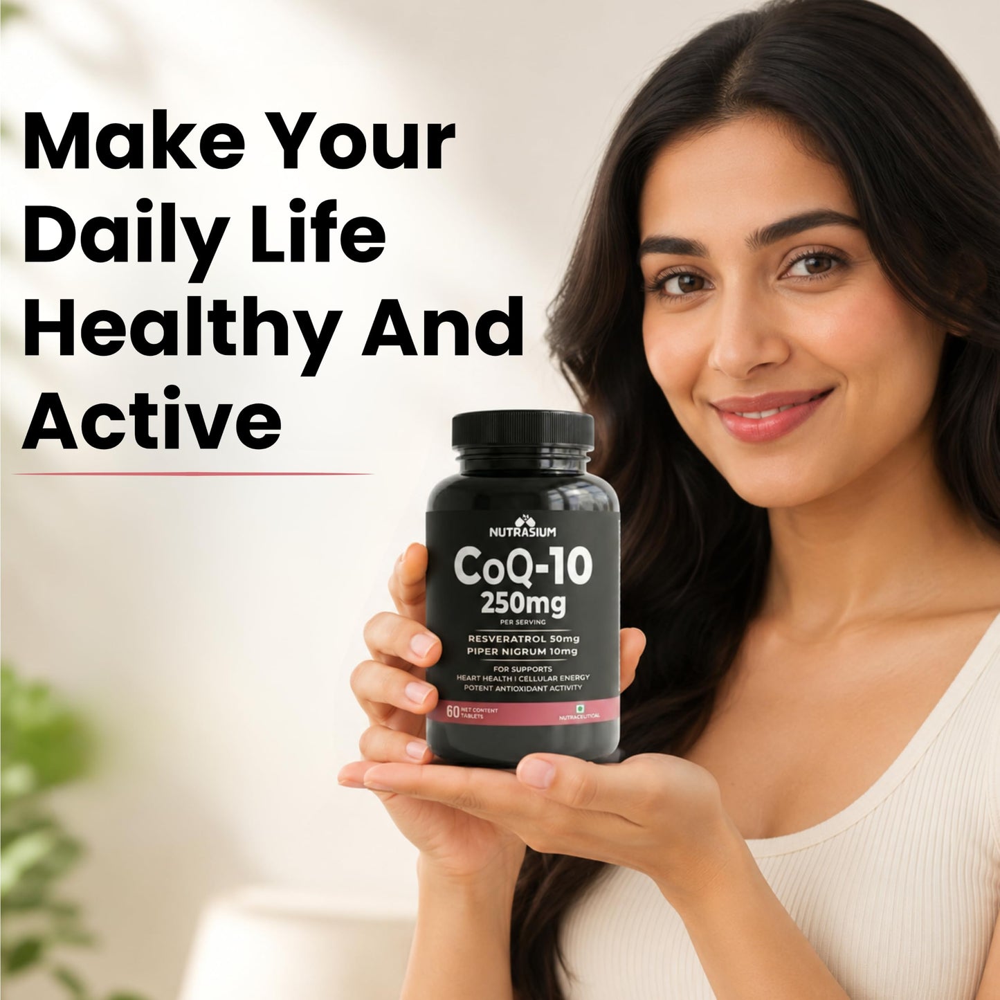 Nutrasium CoQ10 250 mg with Resveratrol | Coenzyme Q10 Supplement for Cellular Energy & Antioxidant Support | Veg Tablets | 60 Tablets | Co-Q10 Supplement
