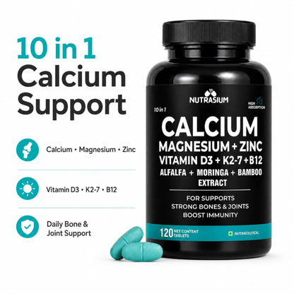 Nutrasium Calcium Magnesium Zinc Tablets with Vitamin D3, Vitamin K2-7 & Vitamin B12 | Alfalfa, Moringa & Bamboo Extract | High Absorption Daily Mineral & Vitamin Supplement | 120 Tablets