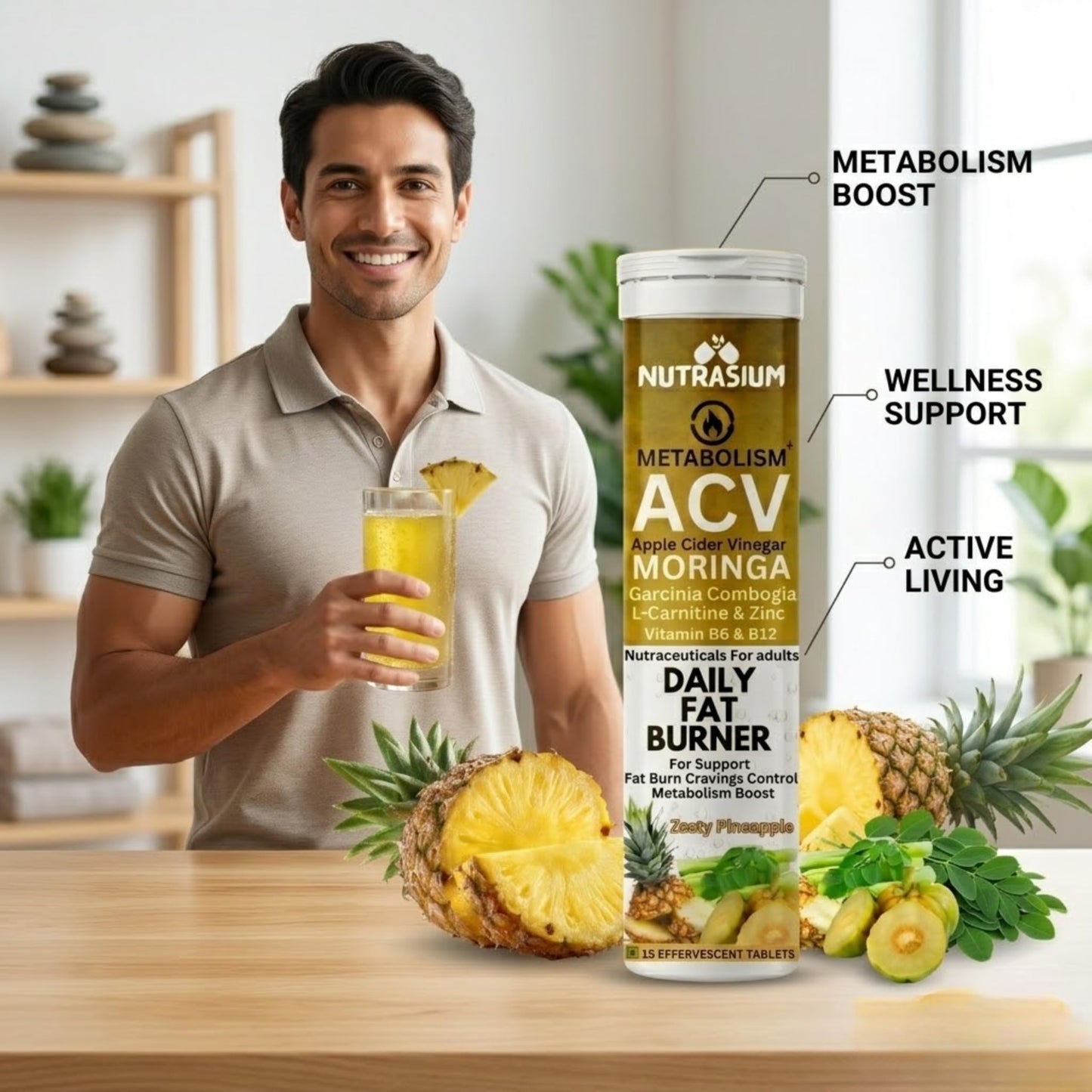 Nutrasium ACV Moringa Metabolism Plus | Apple Cider Vinegar Effervescent Tablet | For Supports Weight Loss, Control Cravings, Convert Fat Into Energy, Boost Energy & Immunity | 30 Tablets Pineapple