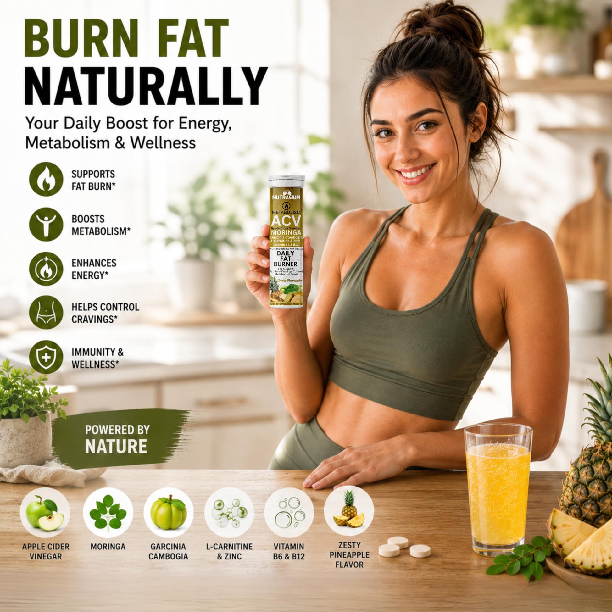 Nutrasium ACV Moringa Metabolism Plus | Apple Cider Vinegar Effervescent Tablet | Added L-Carnitine & Garcinia Combogia Extract | For Supports Weight Loss, Control Cravings, Convert Fat Into Energy, Boost Energy & Immunity | 60 Tablets Pineapple