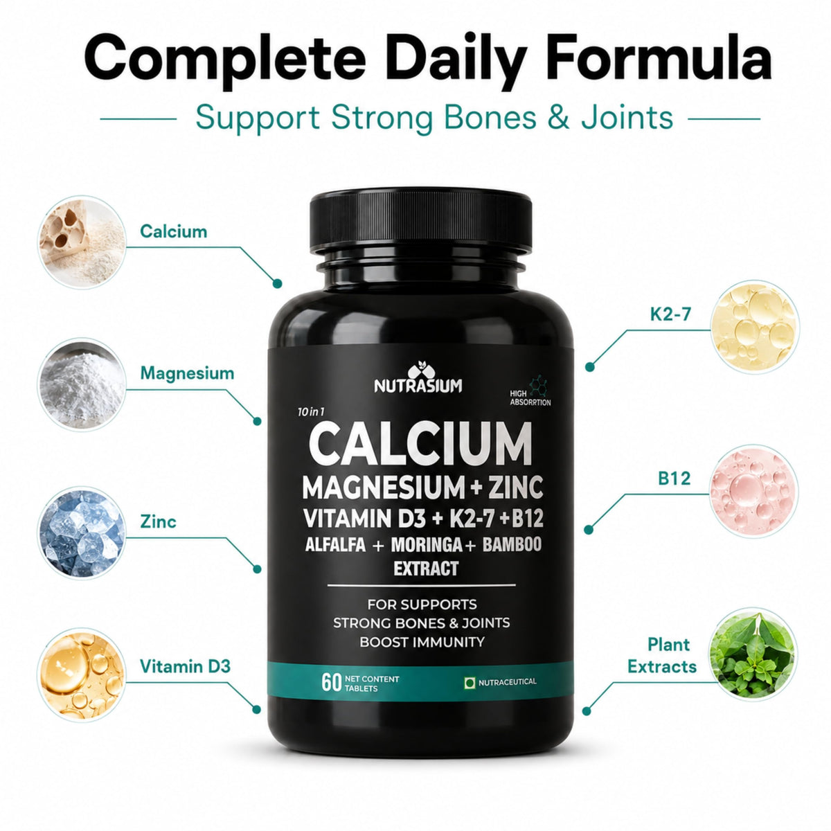Nutrasium Calcium Magnesium Zinc Tablets with Vitamin D3, Vitamin K2-7 & Vitamin B12 | Alfalfa, Moringa & Bamboo Extract | High Absorption Mineral & Vitamin Supplement | 60 Tablets