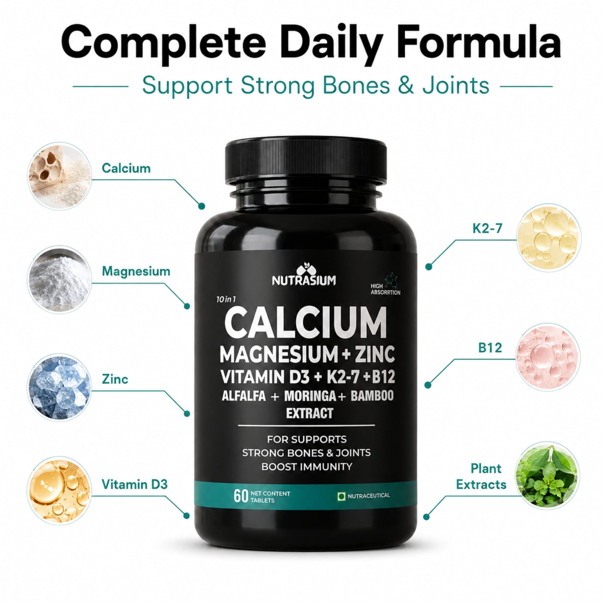 Nutrasium Calcium Magnesium Zinc Tablets with Vitamin D3, Vitamin K2-7 & Vitamin B12 | Alfalfa, Moringa & Bamboo Extract | High Absorption Mineral & Vitamin Supplement | 60 Tablets