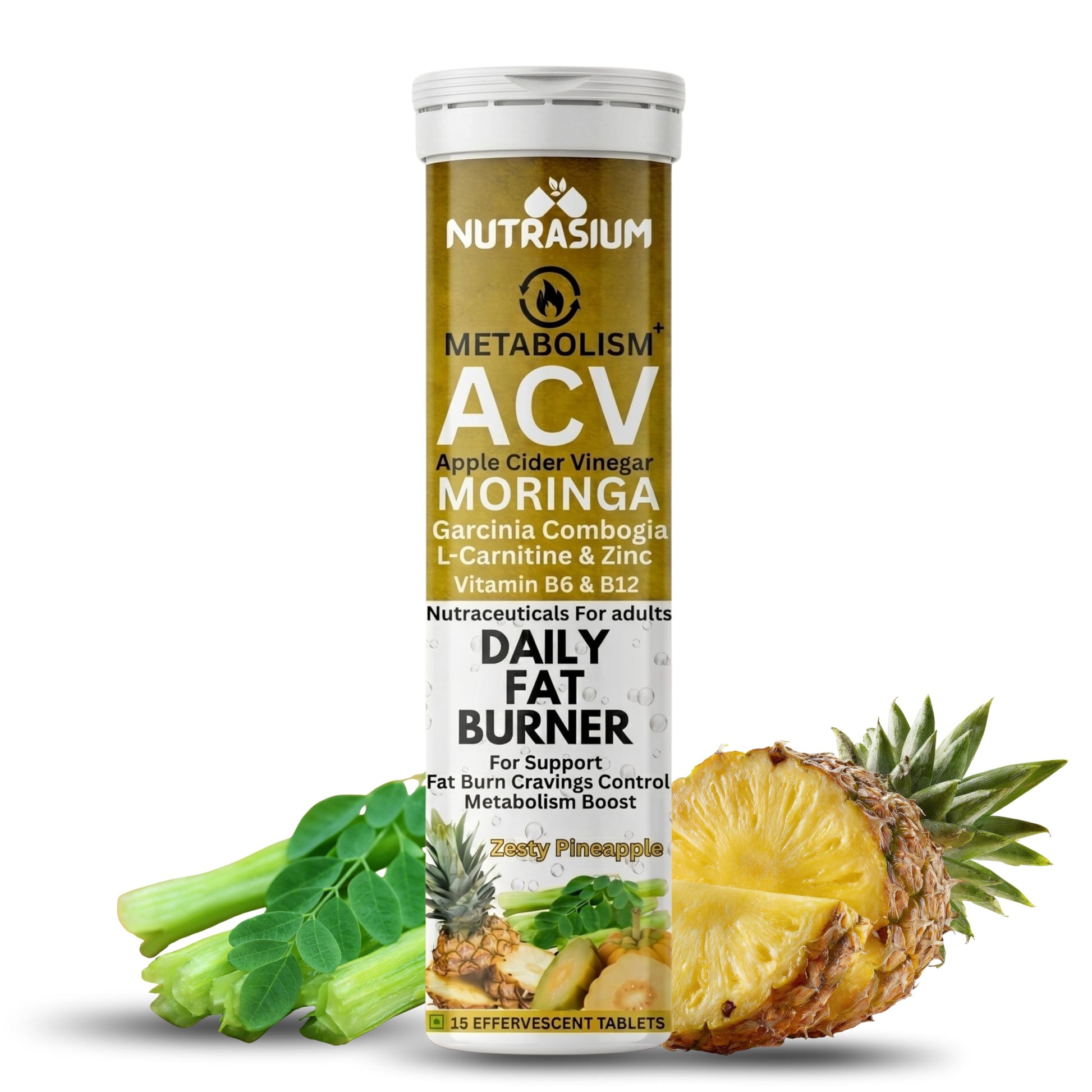 Nutrasium ACV Moringa Metabolism Plus | Apple Cider Vinegar Effervescent Tablet | For Supports Weight Loss, Control Cravings, Convert Fat Into Energy, Boost Energy & Immunity | 15 Tablets Pineapple