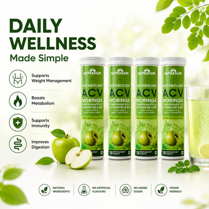 Nutrasium ACV Moringa Metabolism Plus | Apple Cider Vinegar Effervescent Tablet | For Supports Weight Loss, Control Cravings, Convert Fat Into Energy, Boost Energy & Immunity | 60 Tablets Green apple