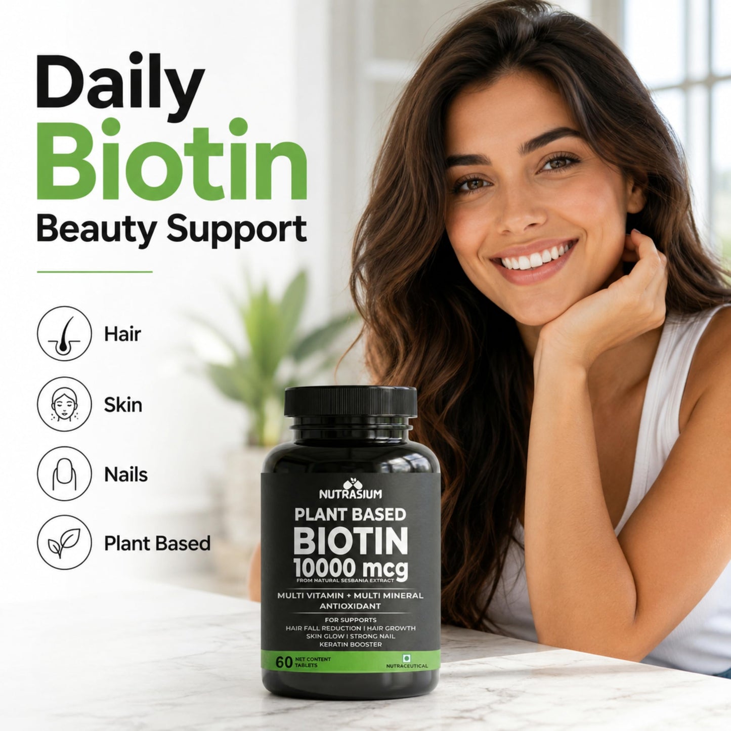 Nutrasium Biotin 10,000 mcg with multivitamin & Minerals | For supports Hair Growth | For Control Hair fall, Hair damge & Hair splitting | 120 tablets