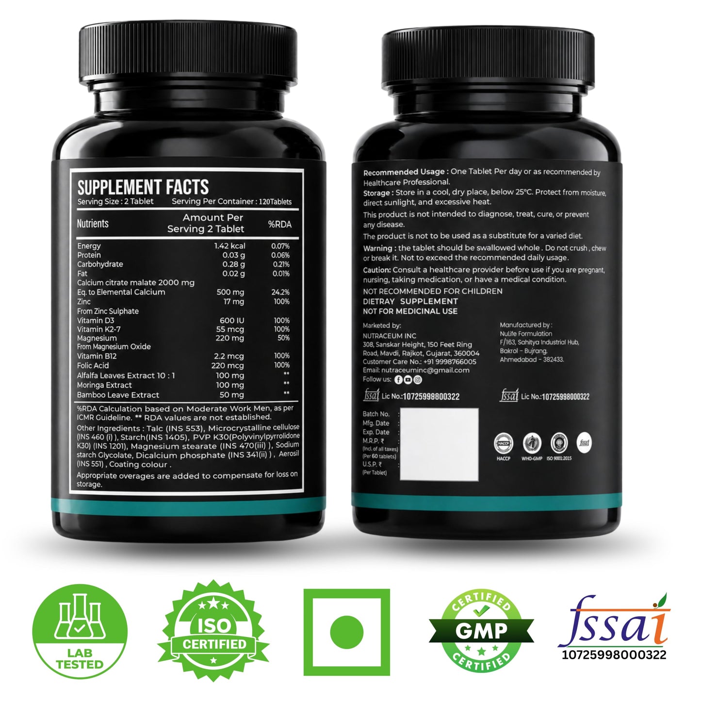 Nutrasium Calcium Magnesium Zinc Tablets with Vitamin D3, Vitamin K2-7 & Vitamin B12 | Alfalfa, Moringa & Bamboo Extract | High Absorption Daily Mineral & Vitamin Supplement | 120 Tablets