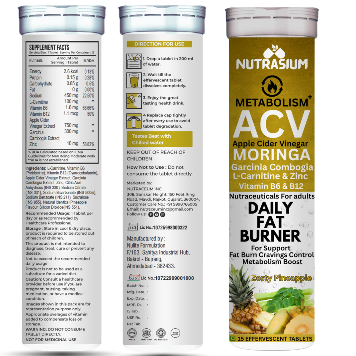 Nutrasium ACV Moringa Metabolism Plus | Apple Cider Vinegar Effervescent Tablet | For Supports Weight Loss, Control Cravings, Convert Fat Into Energy, Boost Energy & Immunity | 15 Tablets Pineapple