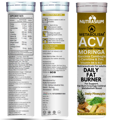 Nutrasium ACV Moringa Metabolism Plus | Apple Cider Vinegar Effervescent Tablet | For Supports Weight Loss, Control Cravings, Convert Fat Into Energy, Boost Energy & Immunity | 15 Tablets Pineapple