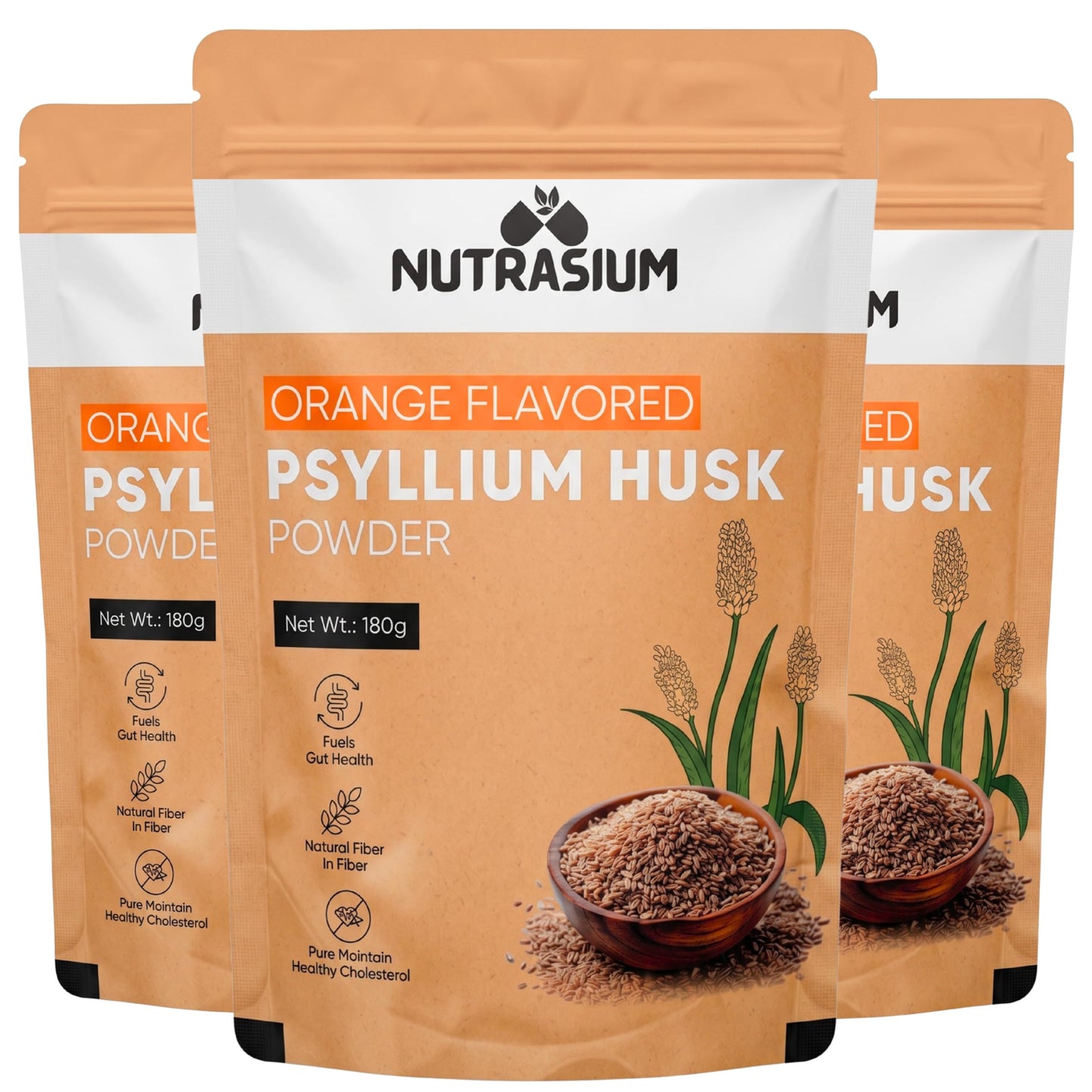 Nutrasium Psyllium Husk Powder | Isabgol Powder | Supports to Relieves Constipation | Rich Source Of Dietary Fiber Supplement For Digestion & Gut Health | 540 gram Orange Flavour | Pack Of 3