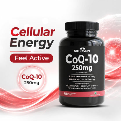 Nutrasium CoQ10 250 mg with Resveratrol | Coenzyme Q10 Supplement for Cellular Energy & Antioxidant Support | Veg Tablets | 60 Tablets | Co-Q10 Supplement