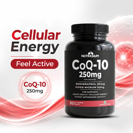 Nutrasium CoQ10 250 mg with Resveratrol | Coenzyme Q10 Supplement for Cellular Energy & Antioxidant Support | Veg Tablets | 60 Tablets | Co-Q10 Supplement