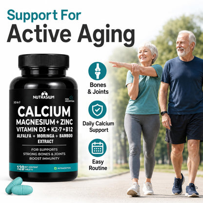 Nutrasium Calcium Magnesium Zinc Tablets with Vitamin D3, Vitamin K2-7 & Vitamin B12 | Alfalfa, Moringa & Bamboo Extract | High Absorption Daily Mineral & Vitamin Supplement | 120 Tablets