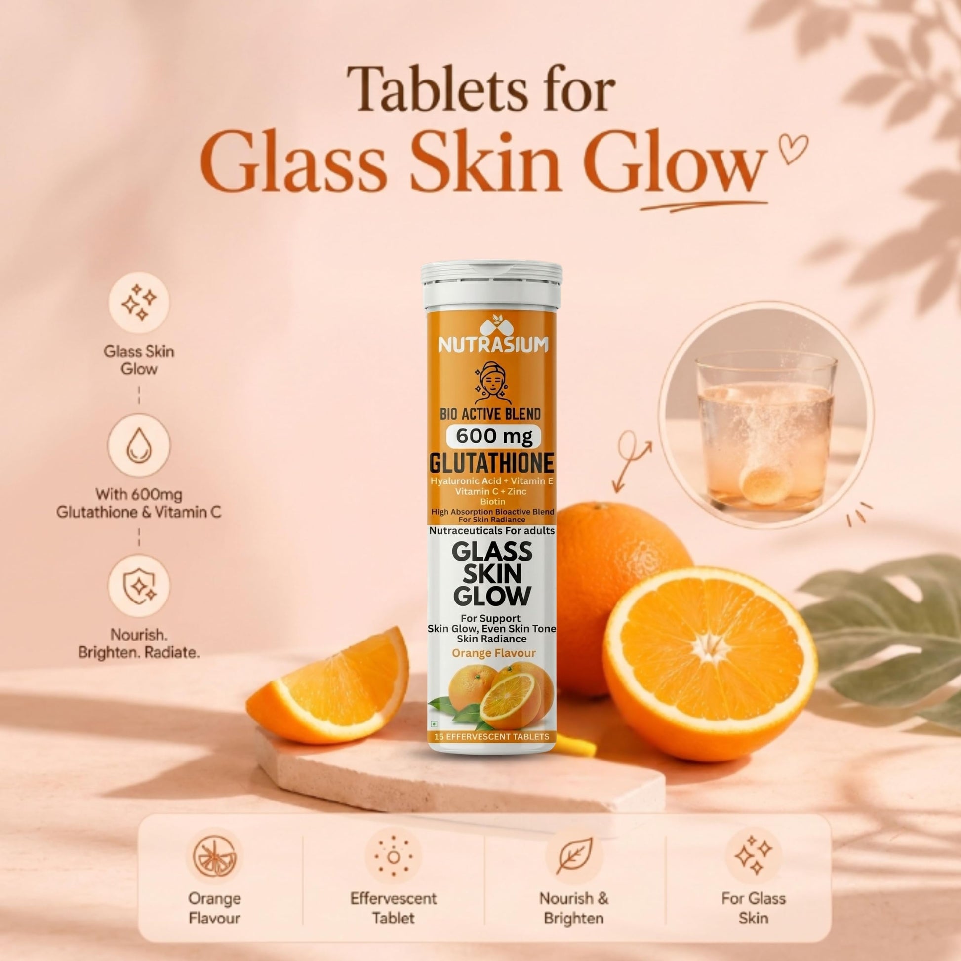 Nutrasium | 600 mg L-Glutathione tablets for Radiant Skin & Even Skin Tone | Glutathione Tablets For Skin Glow & Antipigmentation | 15 Effervescent Tablets, Orange Flavour
