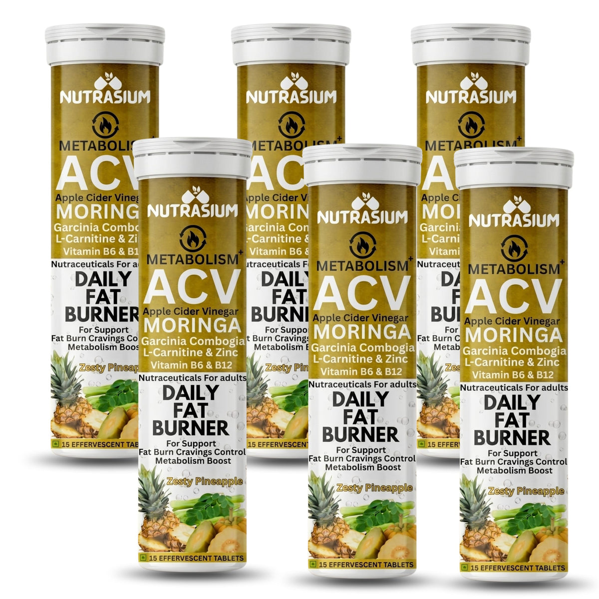 Nutrasium ACV Moringa Metabolism Plus | Apple Cider Vinegar Effervescent Tablet | For Supports Weight Loss, Control Cravings, Convert Fat Into Energy, Boost Energy & Immunity | 90 Tablets Pineapple