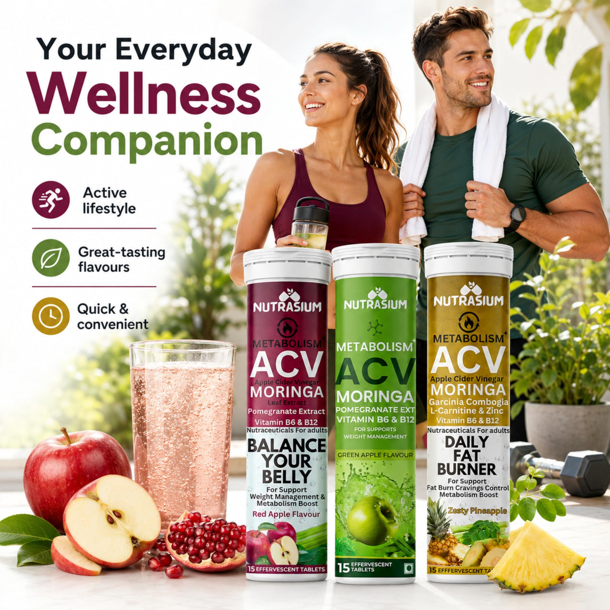 Nutrasium ACV Moringa Metabolism Plus | Apple Cider Vinegar Effervescent Tablet | For Supports Weight Loss, Control Cravings, Convert Fat Into Energy, Boost Energy & Immunity | 90 Tablets Mix Fruit