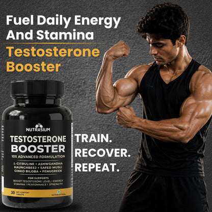 Nutrasium Testosterone Booster Supplement For Men | Testo Booster with Tribulus 1000mg & Ashwagandha 500mg | L-Citrulline & Kaunch Beej | Safed Musli & Ginkgo Biloba | 30 Veg Tablets