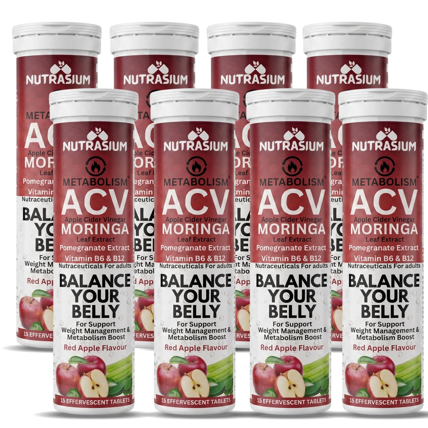 Nutrasium ACV Moringa Metabolism Plus | Apple Cider Vinegar Effervescent Tablet | For Supports Weight Loss, Control Cravings, Convert Fat Into Energy, Boost Energy & Immunity | 120 Tablets Red Apple