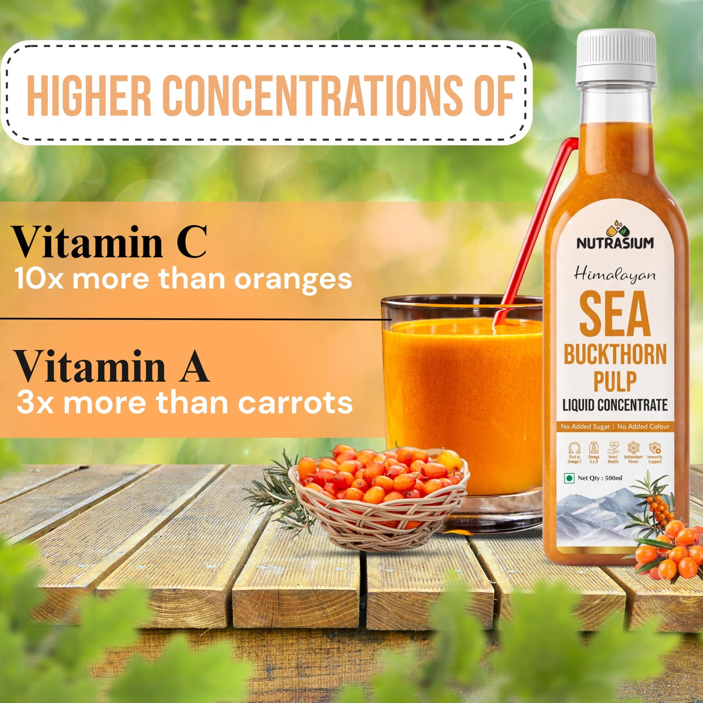 Nutrasium Sea Buckthorn Pulp Concentrate 500 ml | Cold Pressed Himalayan Sea Buckthorn Berry Liquid Concentrate | Natural Source of Vitamin C & Omega 3, 6, 7 & 9 | For Skin, Joints, Immunity, Stamina and Wellness | 50 Glasses