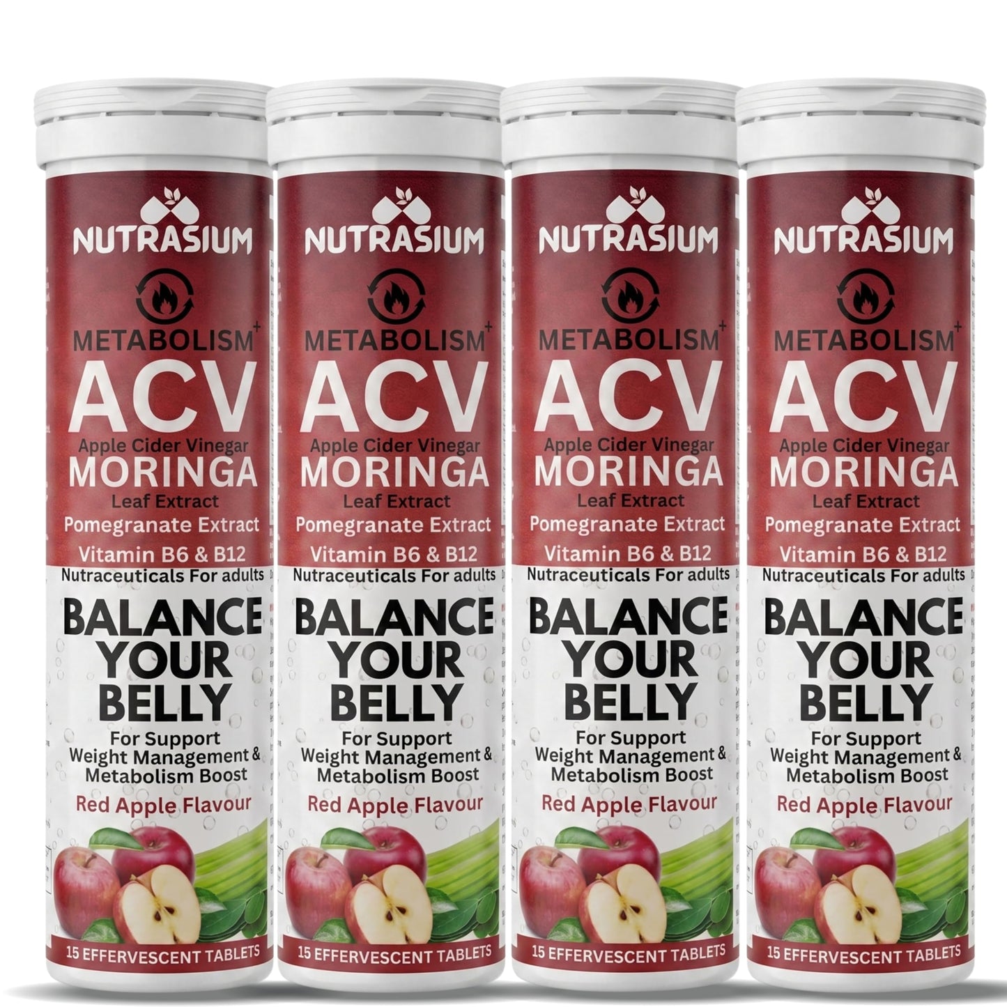 Nutrasium ACV Moringa Metabolism Plus | Apple Cider Vinegar Effervescent Tablet | For Supports Weight Loss, Control Cravings, Convert Fat Into Energy, Boost Energy & Immunity | 60 Tablets Red Apple