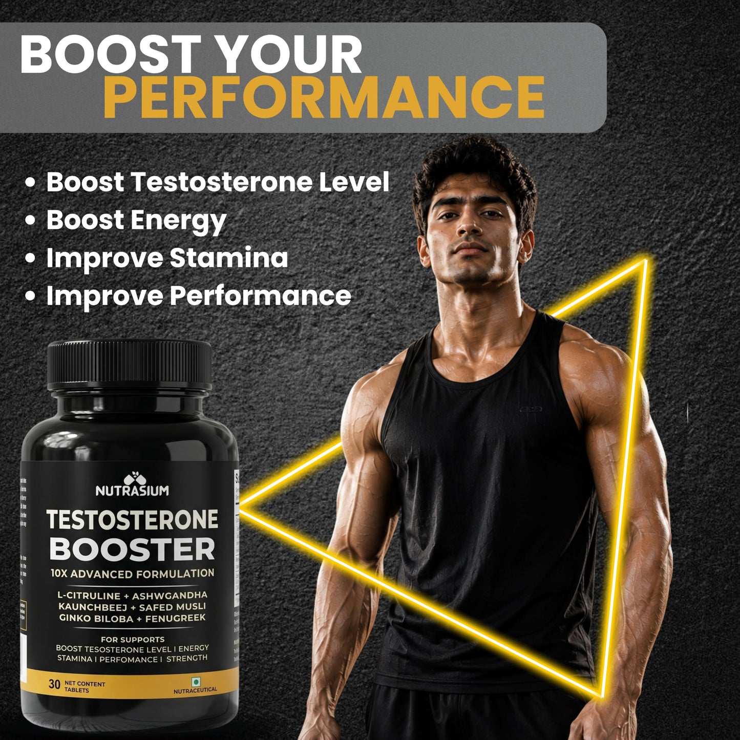 Nutrasium Testosterone Booster Supplement For Men | Testo Booster with Tribulus 1000mg & Ashwagandha 500mg | L-Citrulline & Kaunch Beej | Safed Musli & Ginkgo Biloba | 30 Veg Tablets